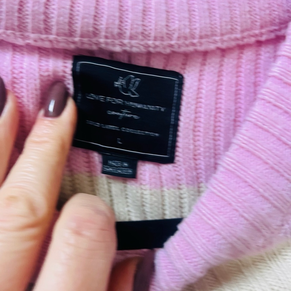 Cozy Pink and Tan Striped Women's Sweater - Picture 4 of 6
